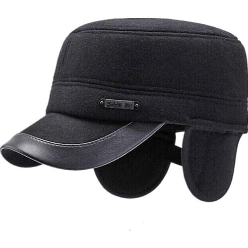 Winter Eoolen Hat for Men Old mens Warm Hat Flat Top Hat With Ear Outdoor Windproof