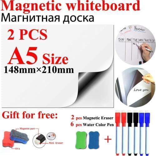 2Pcs A5 Size Magnetic Whiteboard Fridge Magnets Dry Wipe Small White Board School Kitchen Office Message Board Marker Pen Eraser