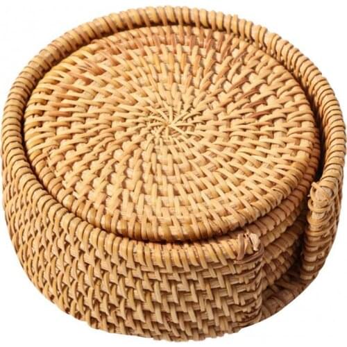 6Pcs/Set Natural Woven Placemat Round Woven Rattan Table Mat Water Gourd Placemat Round Pad Woven Green Tropical Wedding