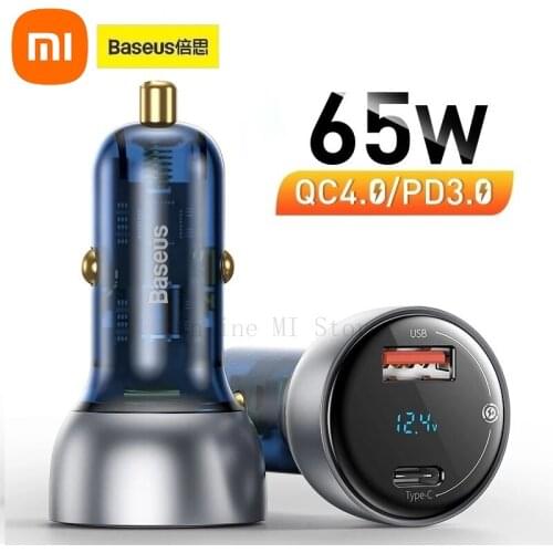 Xiaomi Baseus 65W Dual USB Quick Car Charger QC4.0 QC3.0 Type C PD LED Display Fast Charging For iPhone Xiaomi Mobile Phone