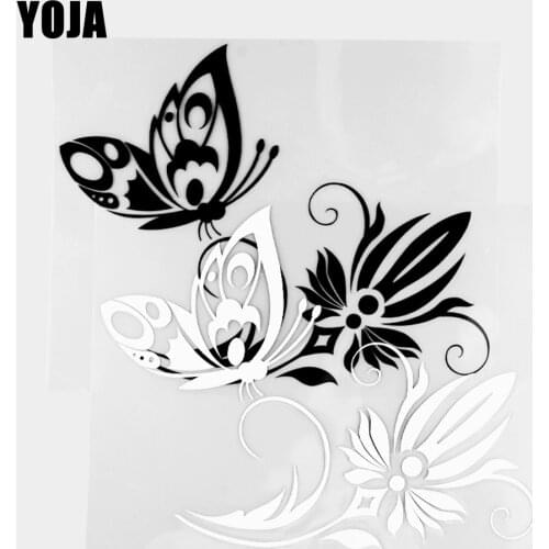 YOJA 19.4×15.1CM Cartoon Animals Vinyl Decal Butterflies Perching On Flowers Car Stickers Black/Silver 19C-0323