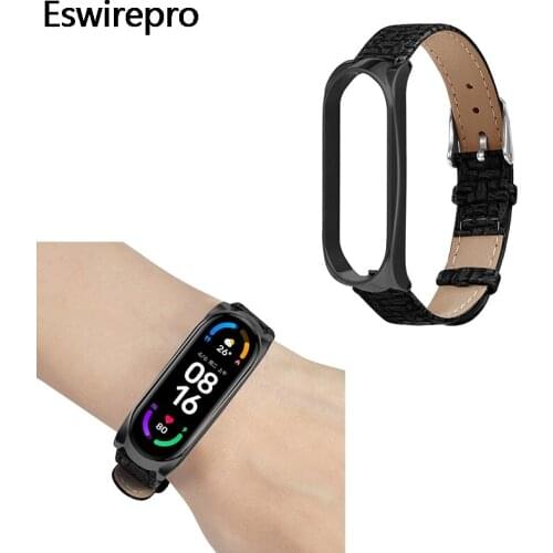 Bracelet on Mi Band 6/6 NFC Buckle Metal Shell Woven Pattern Leather Belt Replacement Wristband ремешок на mi band 4 5 6 3 Strap