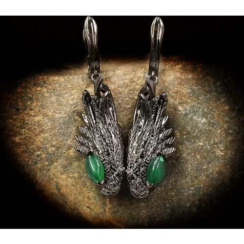 CHARLINLIOL Vintage Black Gold Emerald Feather Banquet Temperament Dangle Earrings 925 Sterling Silver Italy Jewelry for Women