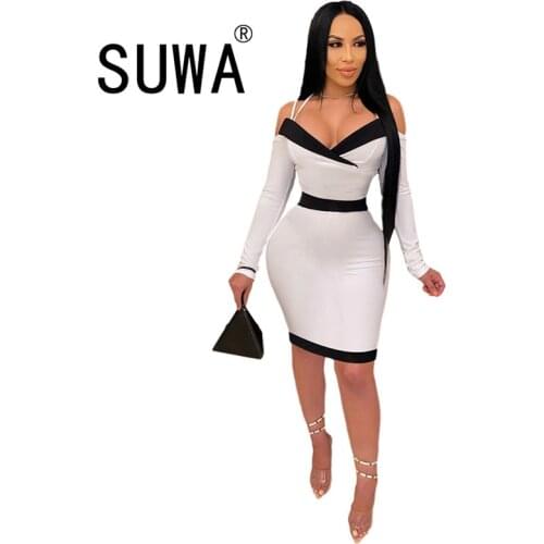 Black White Patchwork Elegant Office Wear Women Dresses For Party And Wedding Deep V Neck Long Sleeve Sexy Dresses Wholesale