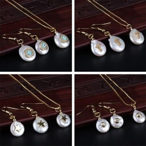 Cz paved multiple gold charm freshwater pearl beads dangle earring & choker necklace jewelry set for women wedding jewelry gift