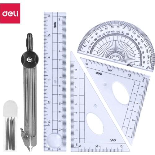 Deli E9609 School Drafting/School Drafting - Drafting set 6pcs Ruler Set Squares Protractor Compass 15cm Transparent