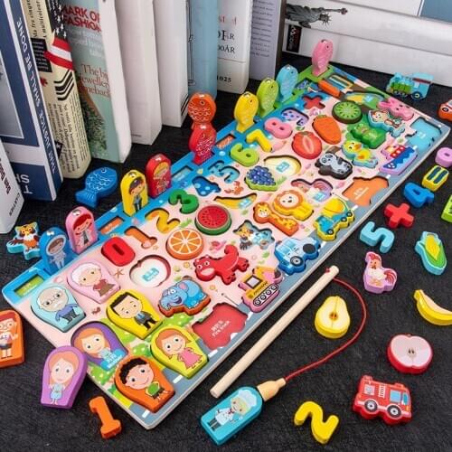 Kids Wooden Toys Matching Board Math Fishing Count Numbers Traffic Fruit Animals Early Educational Toys