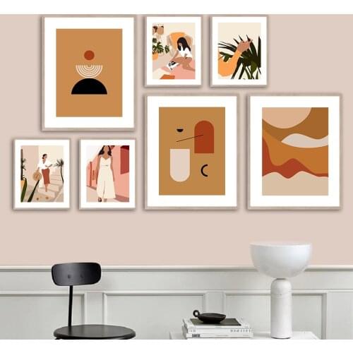 Girl Palm Leaf Plant Geometric Abstract Wall Art Canvas Painting Nordic Posters And Prints Wall Pictures For Living Room Decor