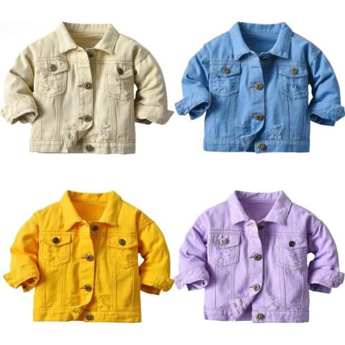 Candy Color Hole Kids Girls Clothes Casual Breaken Denim Jacket Children Boy Trench Coat Toddler Holes Outerwear Cowboy Clothing