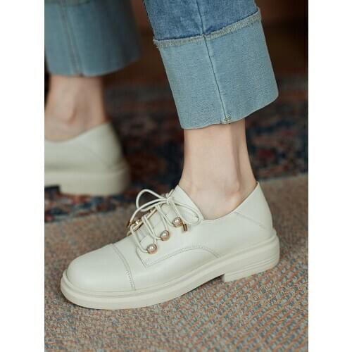 EshtonShero Spring Women Shoes Loafers Shoes Women Genuine Leather Shoes Moccasins Lace Up Rivet Round Toe Loafers Black Flats