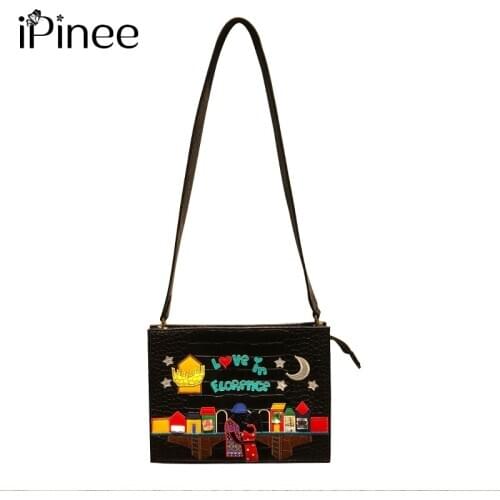 IPinee Cartoon Embroidery Crossbody Bags For Women 2021 Crocodile Bags Leather Handbags Bags Designer Ladies Shoulder Bags