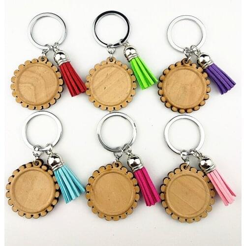 Jiangzimei 24pcs sunflower cats 25mm Wood Cabochon Stainless Steel Keychain Blank Wooden pendant with tassels keyring wholesale