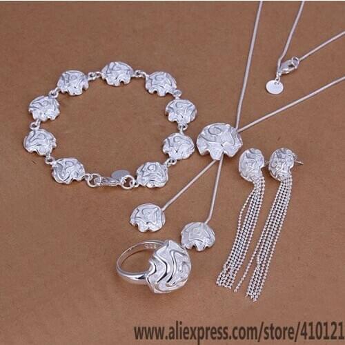 S323 Hot Sale Silver Color Fine Jewelry Sets,fashion Jewelry Elegant Charms Fashion Rose Ring Drop Earring Bracelet Necklace