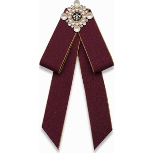 Korean Cloth Art Bowtie Brooch Crystal Pearl Flower Necktie Lapel Pin Luxury Wedding Dress Shirt Badge for Women Accessories