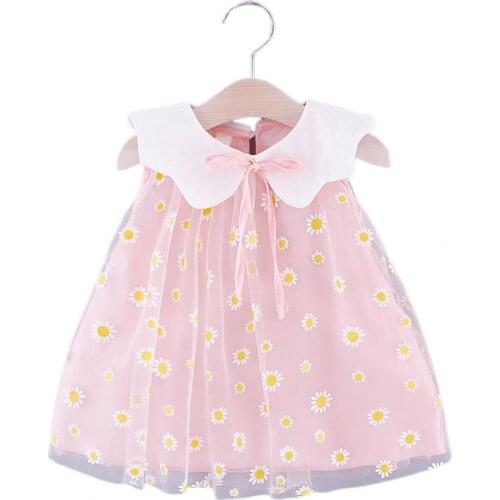 Summer Children Dress Floral Print Ruffle Collar Sweet Girls Solid Color Lapel Dress for Going Out