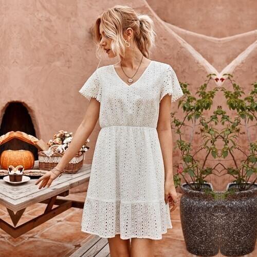 Fashion Womens Summer Lace Hollow Out Dress 2021 New Ladies Elegant V-neck Solid Knee-length Dress White Yellow