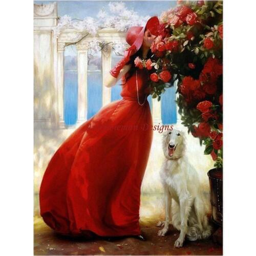 Needlework for embroidery DIY DMC High Quality - Counted Cross Stitch Kits 14 ct Oil painting - Red Dress Girl Smell Flowers