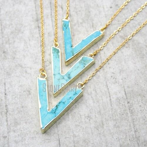 10Pcs Gold Plating V-shape Chains Necklaces Blue Turquoises Top Double Bail Chains Necklaces 18-32inch NM14928
