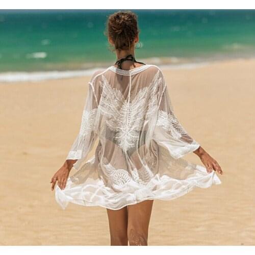 New Sexy See-Through Embroidered V-Neck Belt Four-Thirds Sleeve Solid Color Lace Cardigan Lace-Up Bikini Sunscreen Blouse