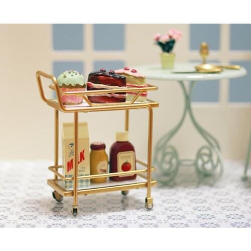 Dining Cart Kitchen Island Table Toys For Girls Fritillary Metal Accessories Dessert Cart Dollhouse Furniture Dolls Child Gift