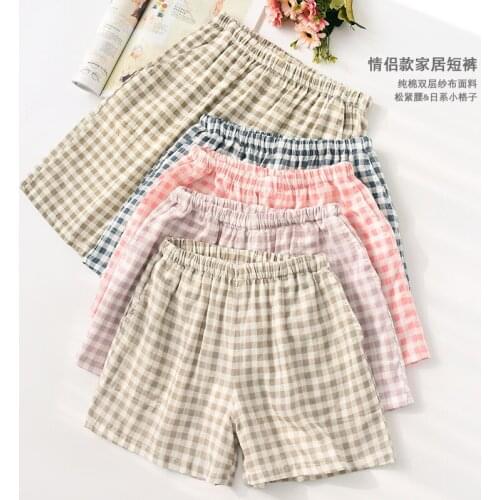Summer Couple Home Lounge Shorts Pure Cotton Gauze Simple Plaid Shorts Man/women Loose Comfy Short Sleep Bottoms Beach Pants