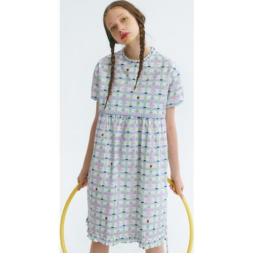 Hand In Hand Cartoon Plaid Design Women Loose Dress Short Sleeve O Neck High Waist Knee Length Teenage Girls Dresses