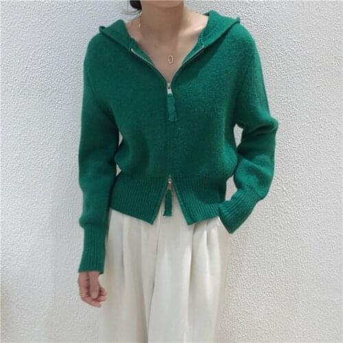 Cropped cardigan Knitted sweater autumn hooded short zipper cardigan cropped sweater