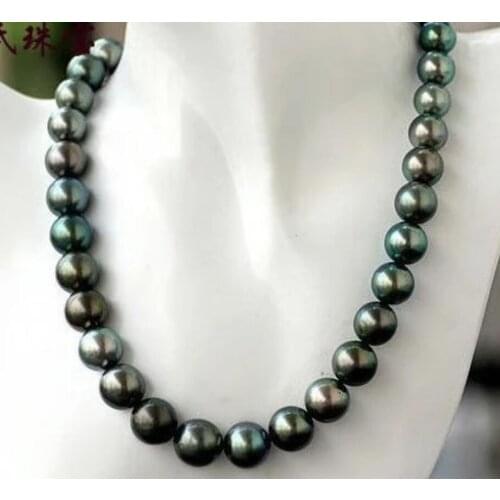 Impressive round pearl necklace, black and green Tahiti aaa11-12 mm 18 inches