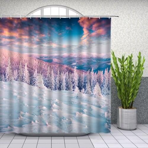 Winter Landscape Shower Curtains Snowflake Tree Mountain Print Bathroom Home Decor Waterproof Polyester Bath Curtain With Hooks
