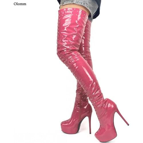 Olomm Women Winter Glossy Crotch Boots Side Zipper Rivets Stiletto Heel Round Toe 12 Colors Club Shoes Women Plus US Size 5-20