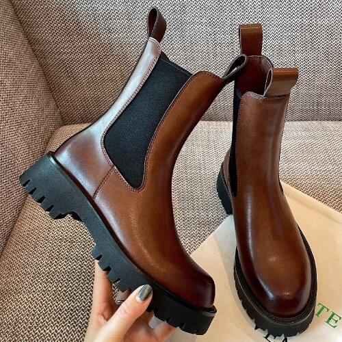 Womens genuine leather thick sole platform flats autumn ankle boots elastic fabric patchwork slip-on chelsea boots shoes women