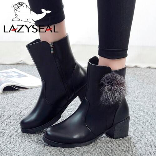 LazySeal New Hairball Black Leather Women Boots With Short Plush Side Zipper Warm Ankle Boots Square Heel Round Toe Ladies Shoes