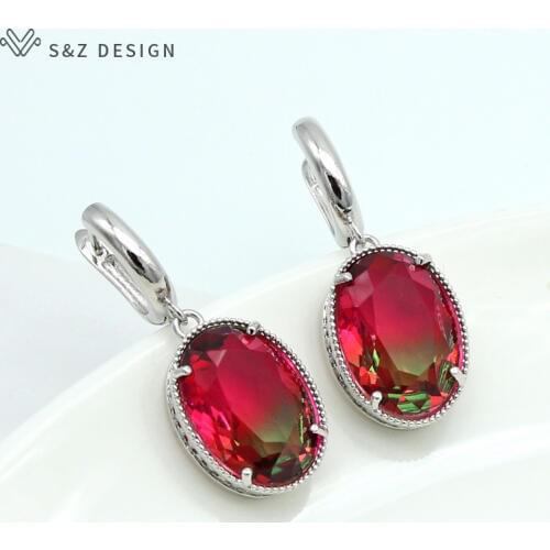 S&Z New Oval Egg Shape Colorful Gradient Zircon Dangle Earrings White Gold European/American For Women Trendy Party Jewelry