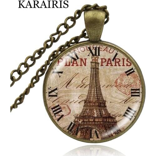 KARAIRIS Brand Jewelry Vintage Paris Clock Pocket Watches Necklace Charms Glass Cabochon Pendant for Women Necklace Handmade