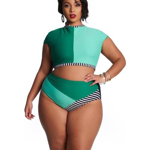 Womens Swimwear 2021 New European and American Ladies plus Size Swimsuit Stitching High Waist Two-Piece Suit Bikini Swimwear