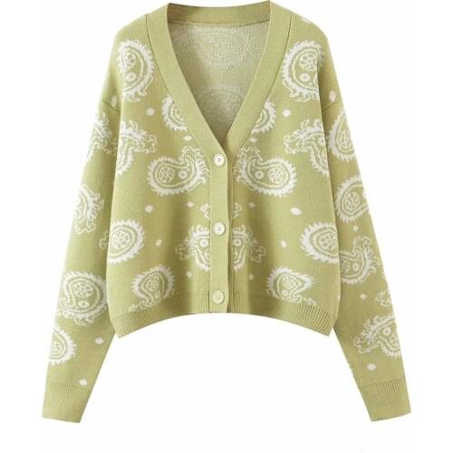 Xikom 2021 Women Vintage Cute Print Single Breasted Sweater Girl Sweet Cute Knitted Slim Cardigan Female V Neck Chic Top