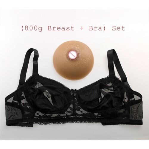 800g/pair Brown Silicone Boobs+Sexy Black Transparent Lace Pocket Bra ) Drag Queen Crossdresser Fake Breast With Bra Set