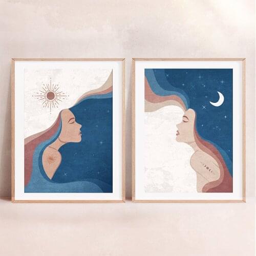 Abstract Sun Moon Painting Boho Canvas Print Minimalist Blue Woman Wall Art Poster Nordic Wall Pictures For Living Room Decor