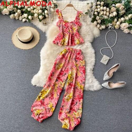 ALPHALMODA 2021 Chic Holiday FLoral Tank Top Pants 2pcs Women Suit Sweet Floral Suspender Vest Womens High Waist Loose Pants