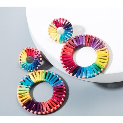 Free Shipping HER030 100Pairs/lot Woven Round Earrings W Colorful Raffia Ear Nail Fashion Women Wearing Jewelry Wholesales