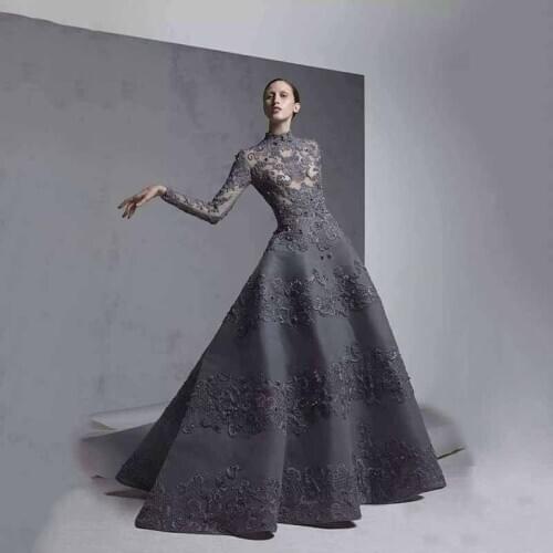Black Sheer Bodice Evening High Neck Illusion Long Sleeves Vestido De Festa Lace Beaded Robe De Soiree mother of the bride dress