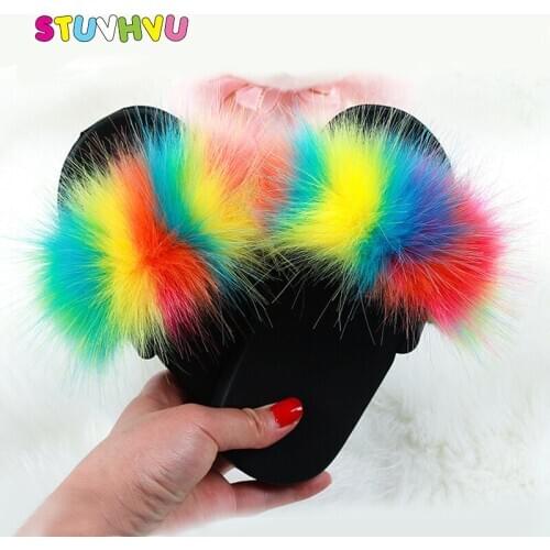 Kids Girls Furry Slippers Winter Plush Children Home Shoes Outdoor Fluffy Slippers Non-slip Furry Home Slides Toddler Girl Shoes