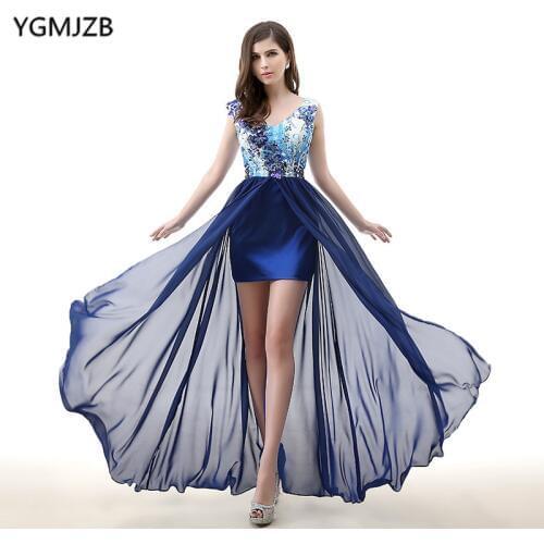 High Low Long Floral Evening Dresses 2020 V Neck Lace Applique Flower Navy Blue Chiffon Women Formal Prom Party Gown