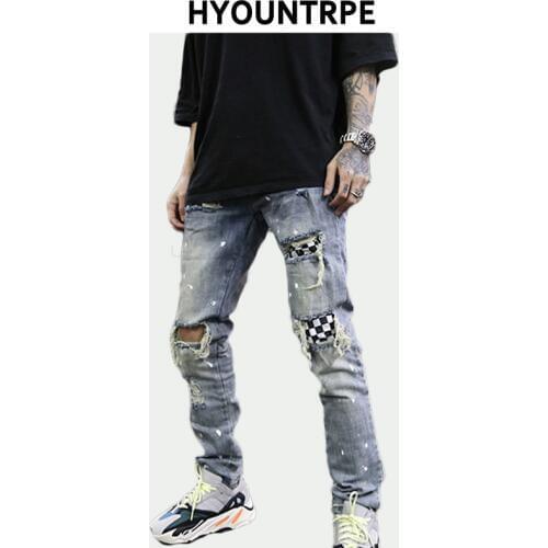 High Street Fashion Destroyed Jeans Mens Knee Hole Patchwork Plaid Ripped Slim Biker Jeans New Hip Hop Zipper Pants Joggers