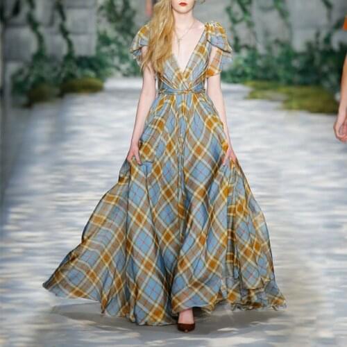 European Vintage Runway Designers Dress Women High Quality Elegant Ruffles V-neck Sleeveless Plaid Dress Draped Robe Longue