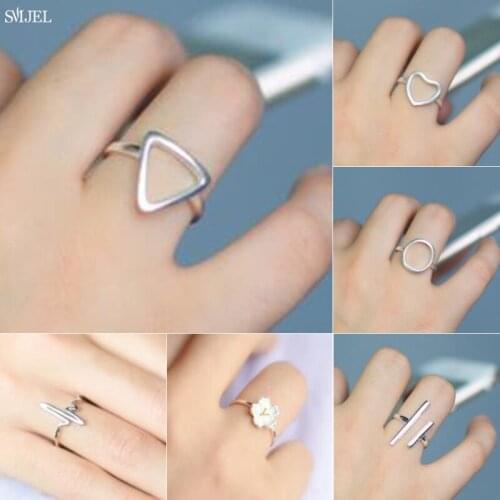 Korean Style High Quality Silver Color Geometric Rings for Women Girls Fashion Double Bar Triangle Heart Ring Round Jewelry Anel