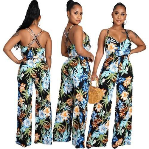 Sexy V-neck Sling Jumpsuits Fashion Sleeveless Multicolor Printing Playsuits Bohemian Style Summer Beach Vacation Women Clothing