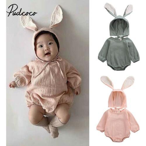 Pudcoco Newborn Baby Girls Jumpsuits Carters 3D Ear Bunny Hooded Bodysuit + 3D Ear Hat Jumpsuit Outfit Clothes Pink And Green