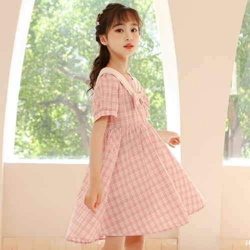Summer Light Dress For Girls Korean Style Short Sleeve Plaid Print Mid Length Gowns Kids Outdoor Casual Fashion Dresses 3-14y