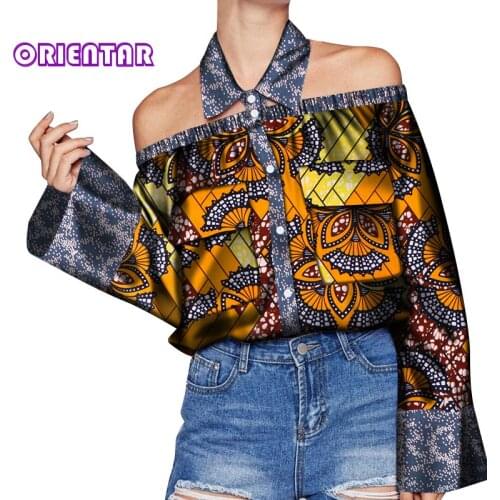 Fashion African Shirt for Women African Wax Print Tops Special Design Slash Neck Women Shirt Bazin Riche African Clothes WY7118